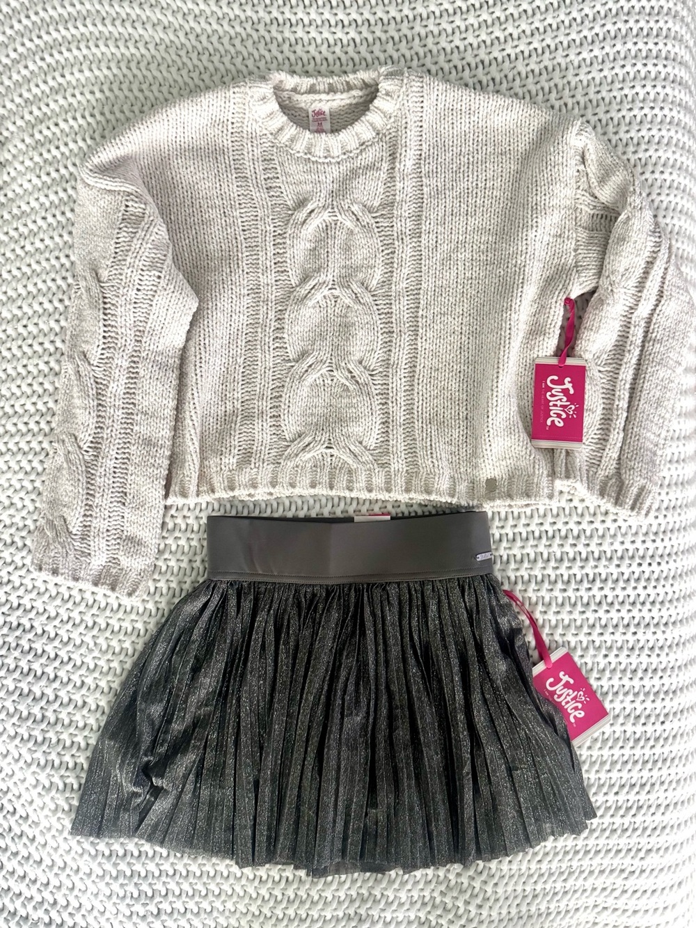 Justice Cream Cable Knit Sweater and silver skirt with buikt in shorts- sz 10